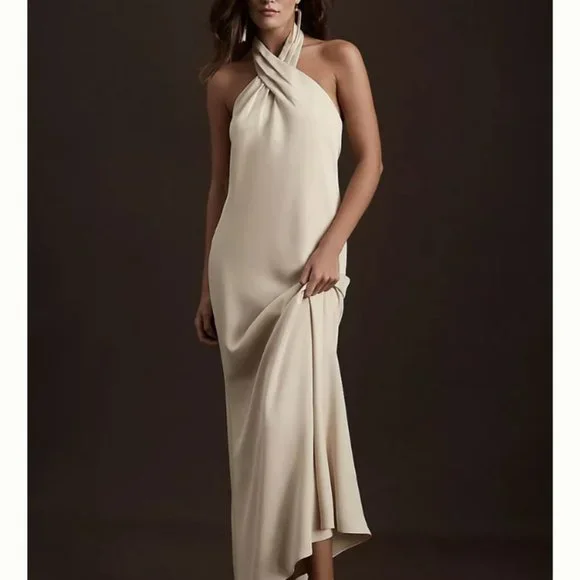 anthropologie champagne dress Anthropologie BHLDN Ruby Twist Halter satin gown
